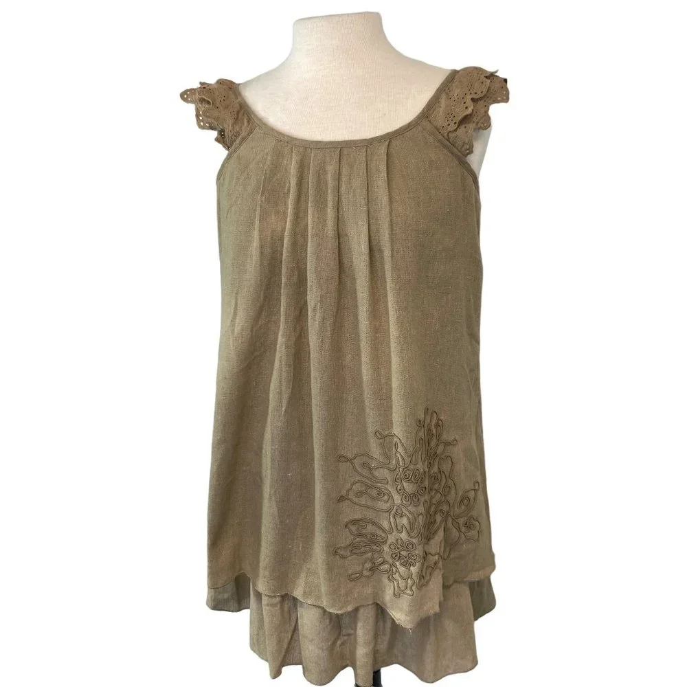 Lagenlook Tan Linen Dress Size M Embroidered Tiers Lightweight Blue Bird Boho - Picture 1 of 12
